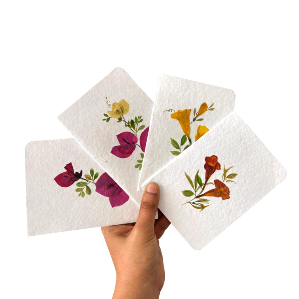 PetalsByShweta | Pack of 4 Pressed Flower Greeting Cards with Envelopes | Vase Design | Birthday, Mother's Day & Handmade Gift Cards