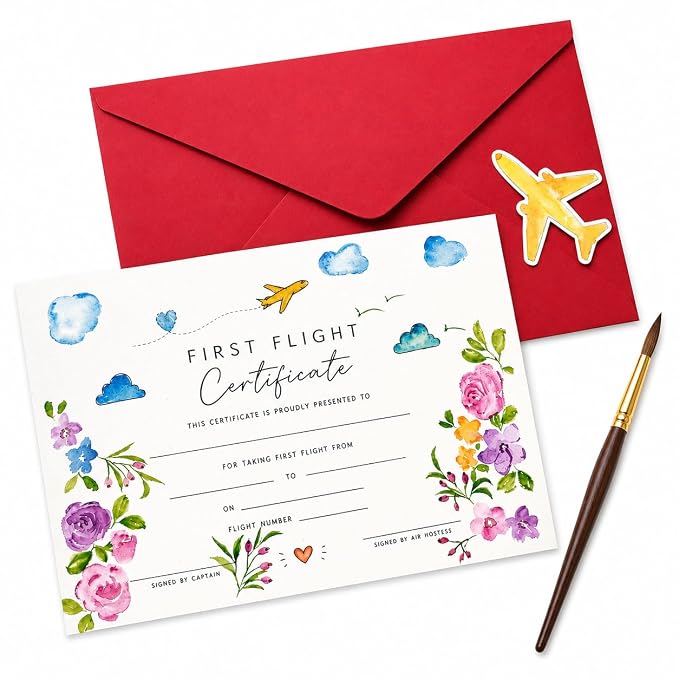 Hand-painted first flight certificate keepsake with envelope by Petals by Shweta