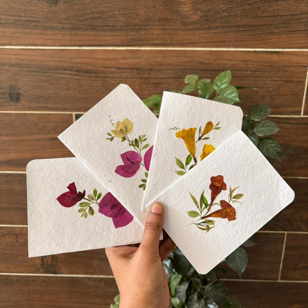 PetalsByShweta | Pack of 4 Pressed Flower Greeting Cards with Envelopes | Vase Design | Birthday, Mother's Day & Handmade Gift Cards