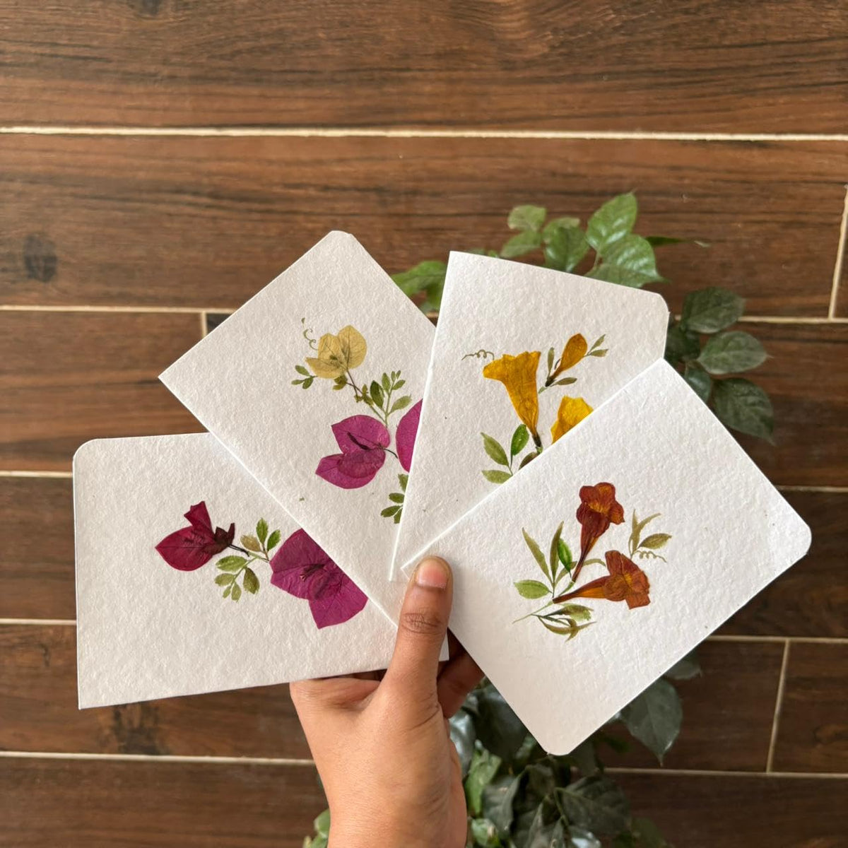 PetalsByShweta | Pack of 4 Pressed Flower Greeting Cards with Envelopes | Vase Design | Birthday, Mother's Day & Handmade Gift Cards