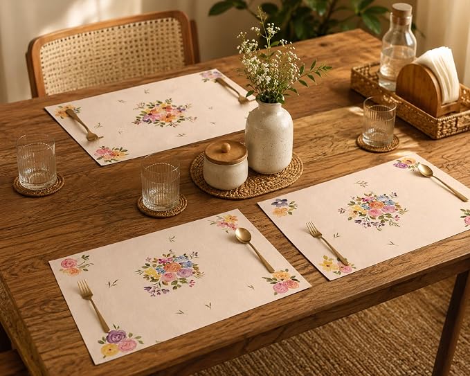 Hand-painted placemats styled on dining table
