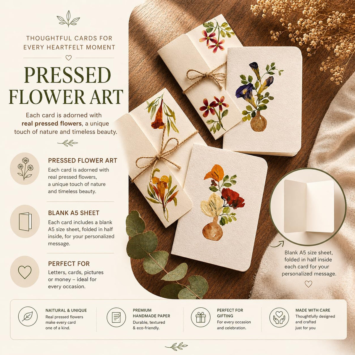 Petals by Shweta | Pack of 2 Pressed Flower Greeting Cards (5.6 x 4.5 in) | Valentine's, Birthday, Christmas & Anniversary Cards
