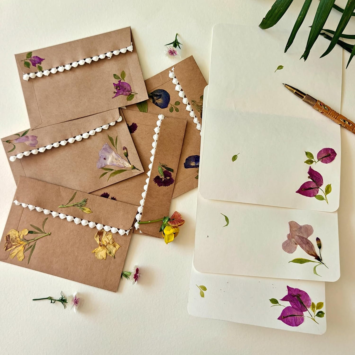 A5 pressed flower letter writing paper with envelope, Mogra White, pack of 2