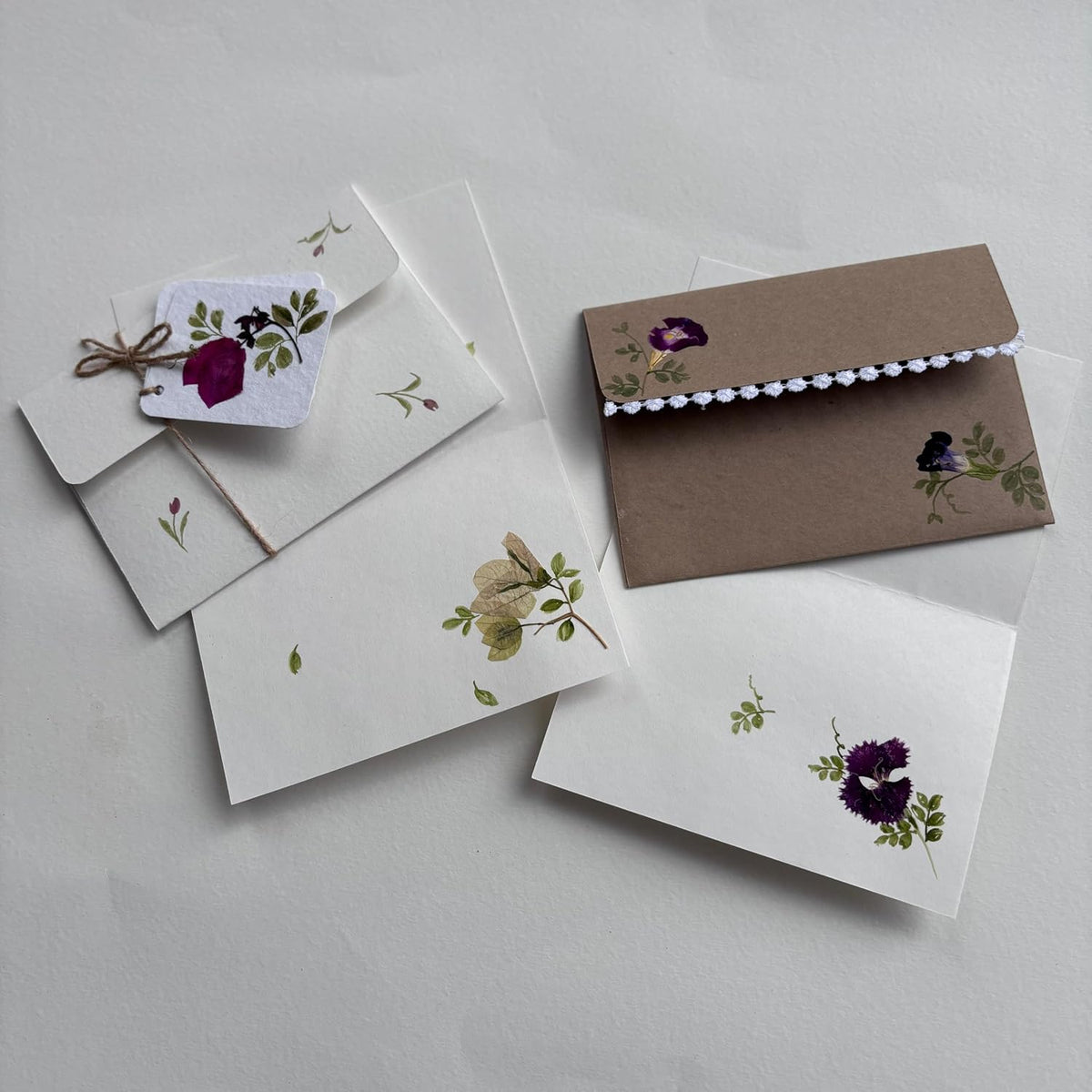 A5 pressed flower letter writing paper with envelope, Mogra White, pack of 4