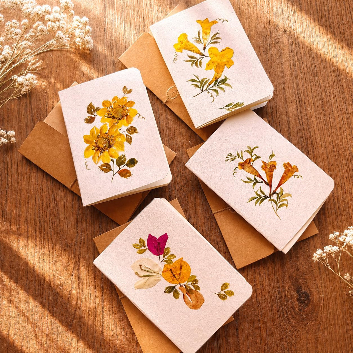 PetalsByShweta | Pack of 4 Pressed Flower Greeting Cards with Envelopes | Vase Design | Birthday, Mother's Day & Handmade Gift Cards