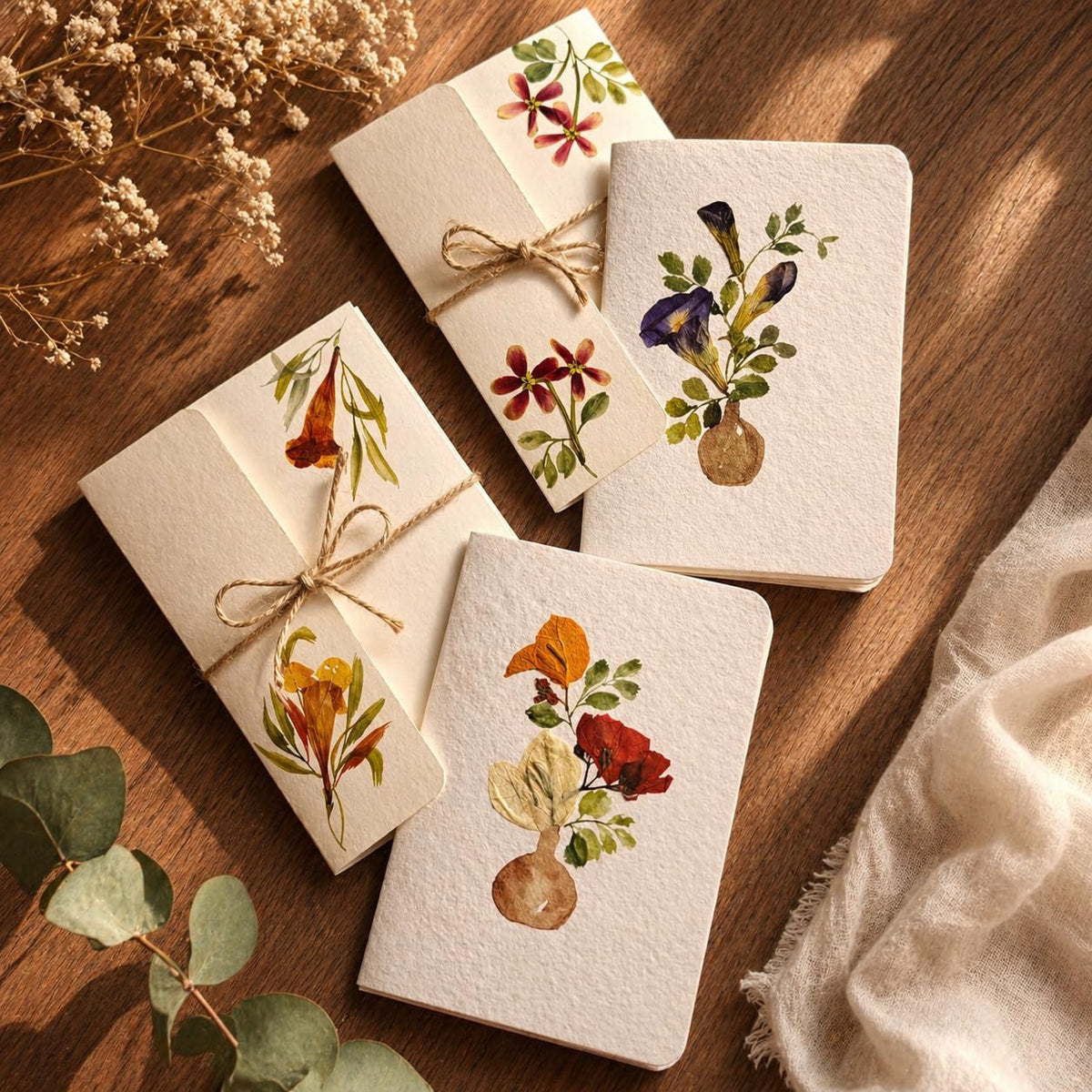 PetalsByShweta | Pack of 4 Pressed Flower Greeting Cards with Envelopes | Vase Design | Birthday, Mother's Day & Handmade Gift Cards