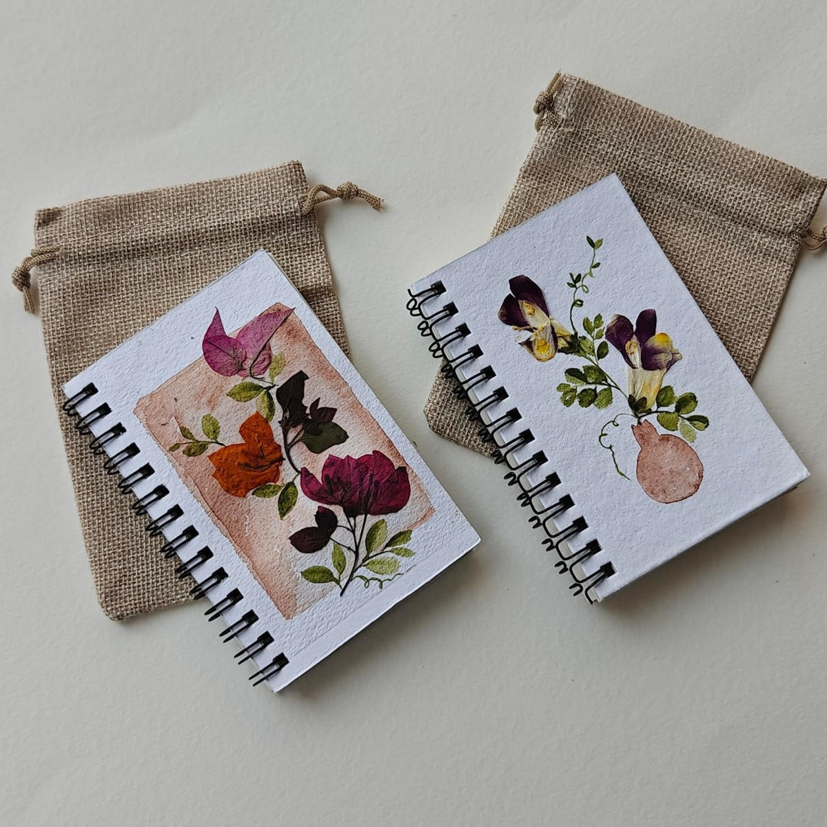 Handmade pressed flower journal with jute pouch, tea brown