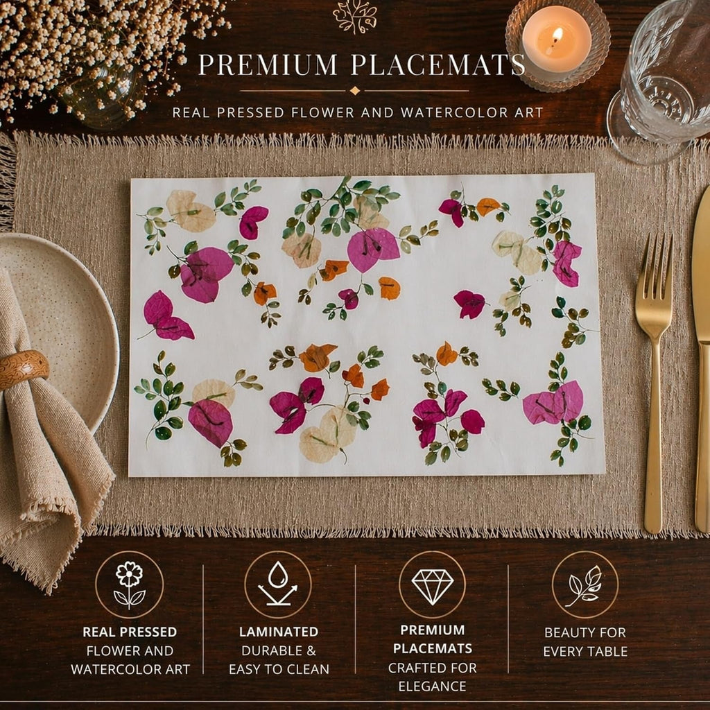 Pressed flower dining placemat close-up of floral detail