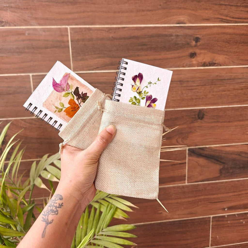 Pressed flower journal with matching jute pouches