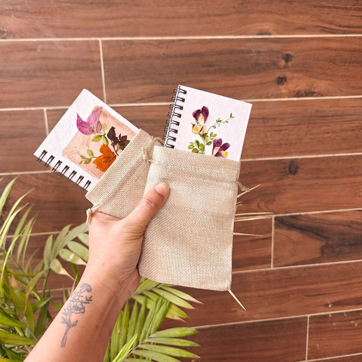 Pressed flower journal with matching jute pouches