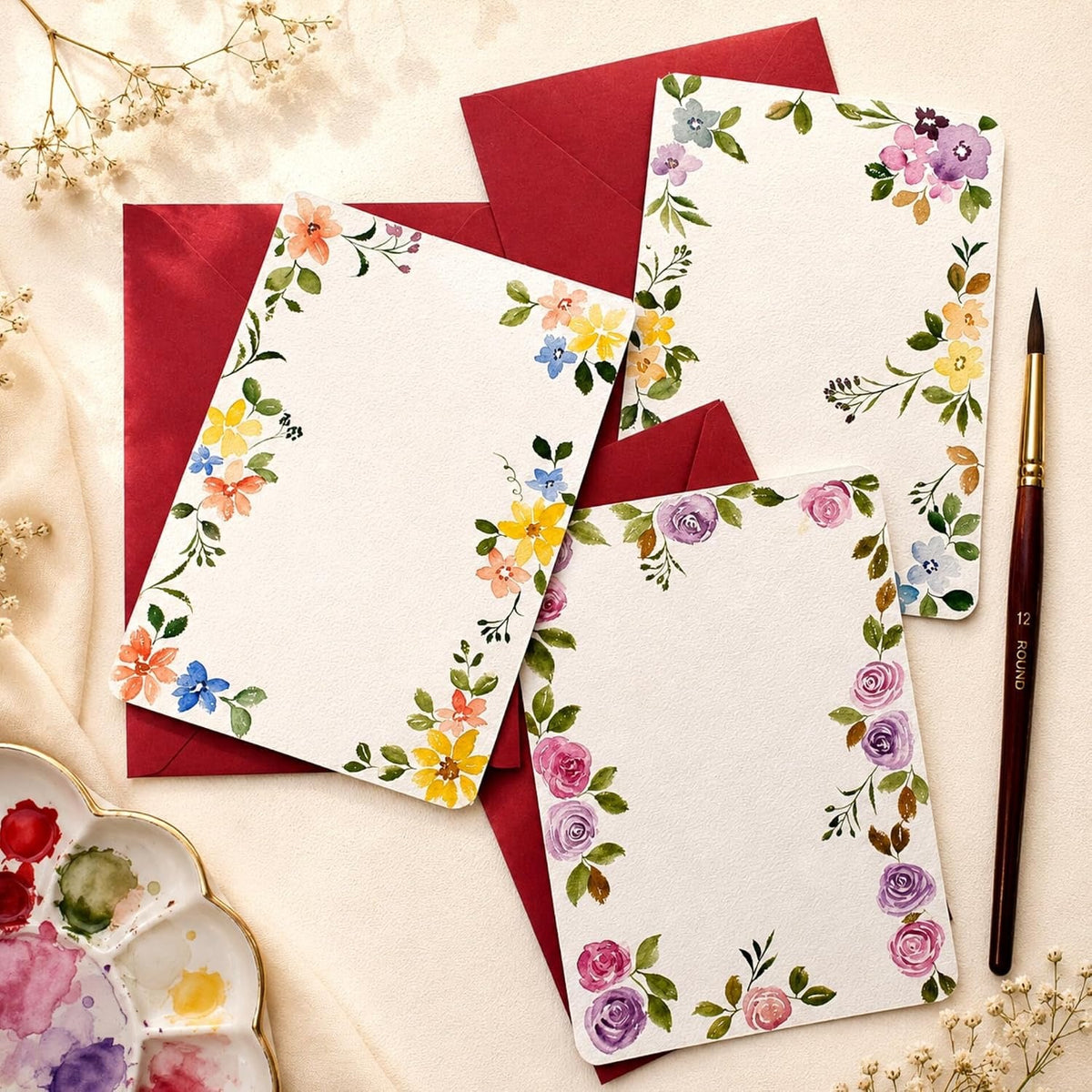 Hand-painted letter paper styled with matching envelope