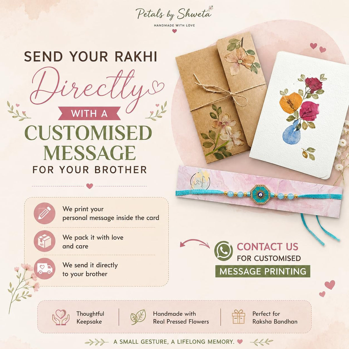 Pressed flower Rakhi card close-up with matching envelope