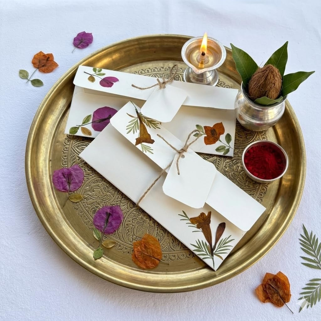 Pressed flower shagun envelope close-up of floral design